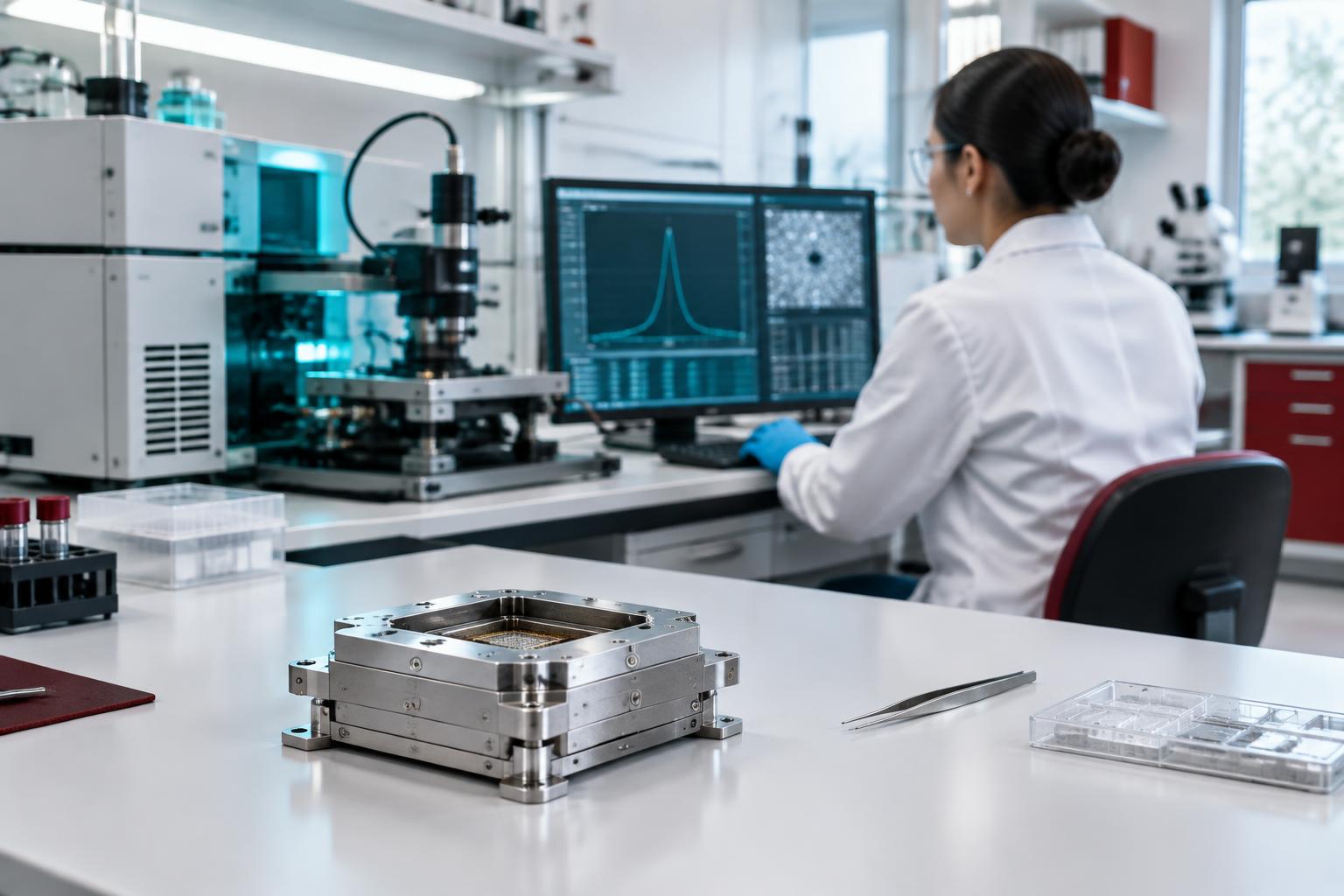 Conceptual laboratory illustration with a measurement workstation and a researcher