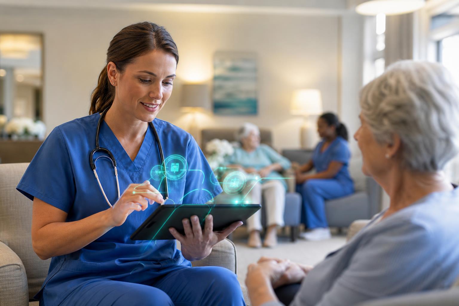 Editorial illustration of nursing care and compliance oversight