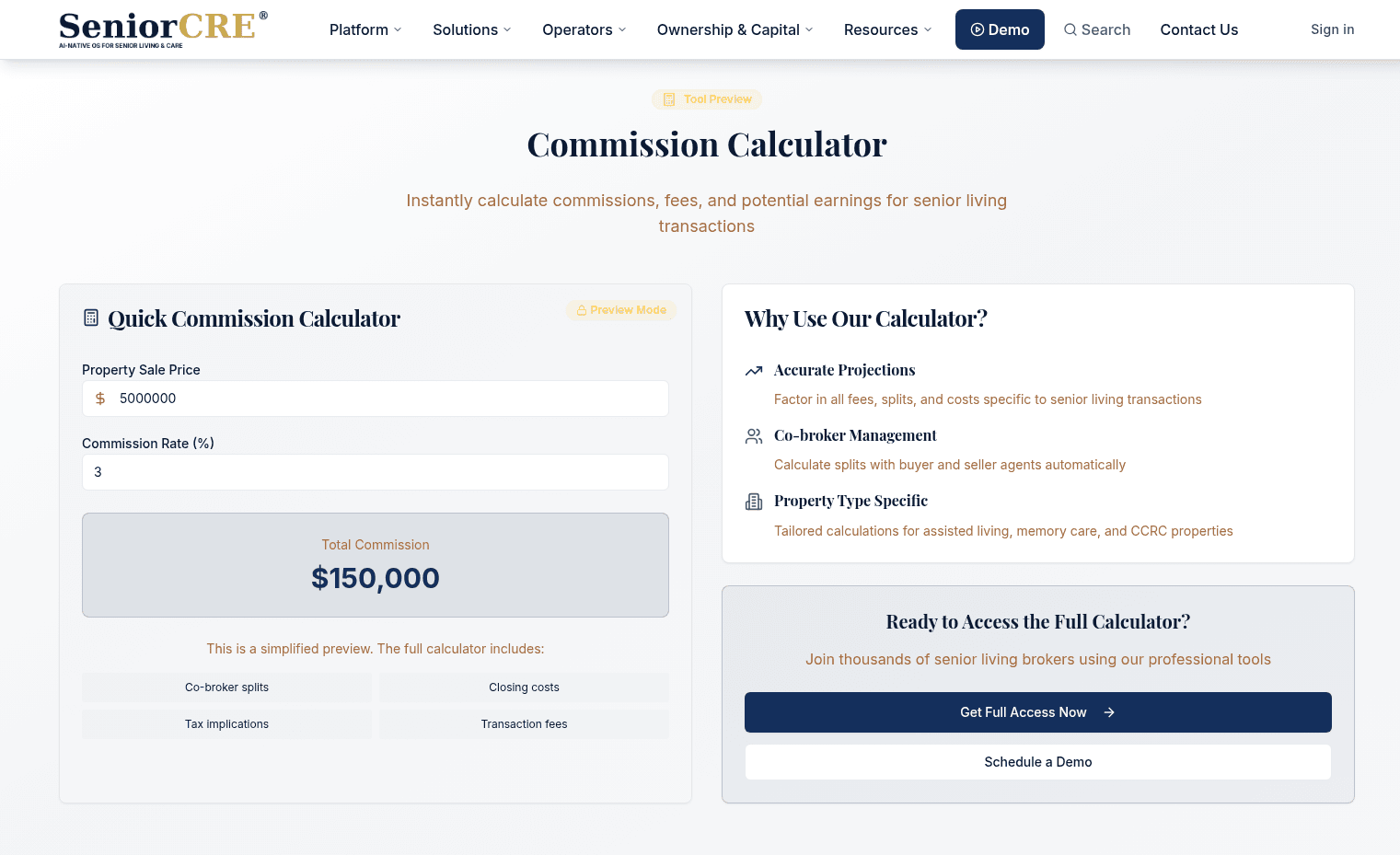SeniorCRE Broker Commission Calculator with co-broker splits and property-type adjustments