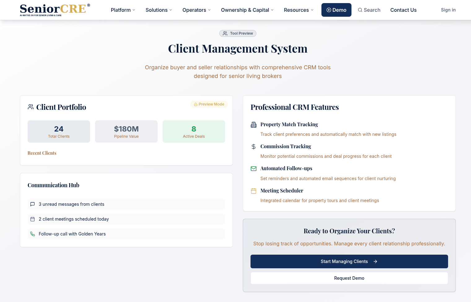 SeniorCRE Broker Client Management dashboard with portfolio, pipeline value, and communication hub