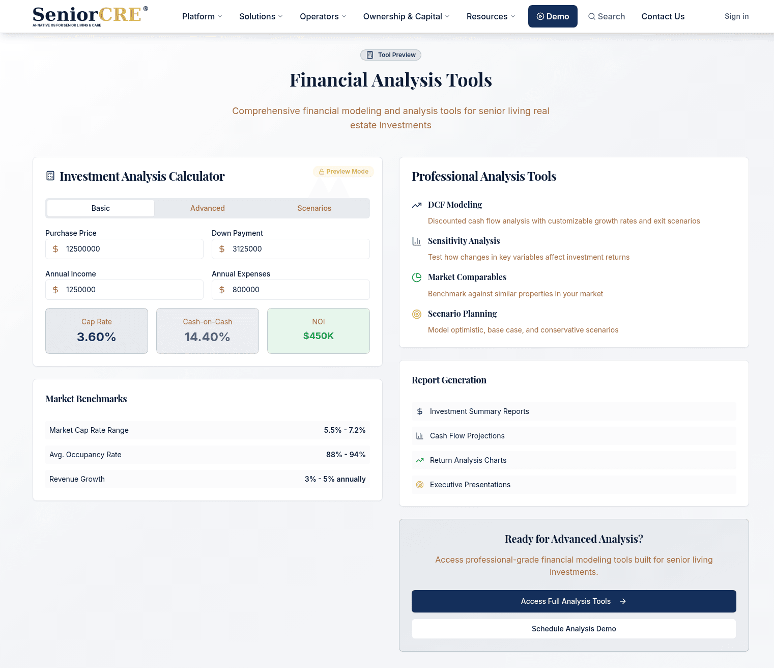 SeniorCRE Broker Financial Analysis Tools with cap rate, cash-on-cash, NOI, and market benchmarks