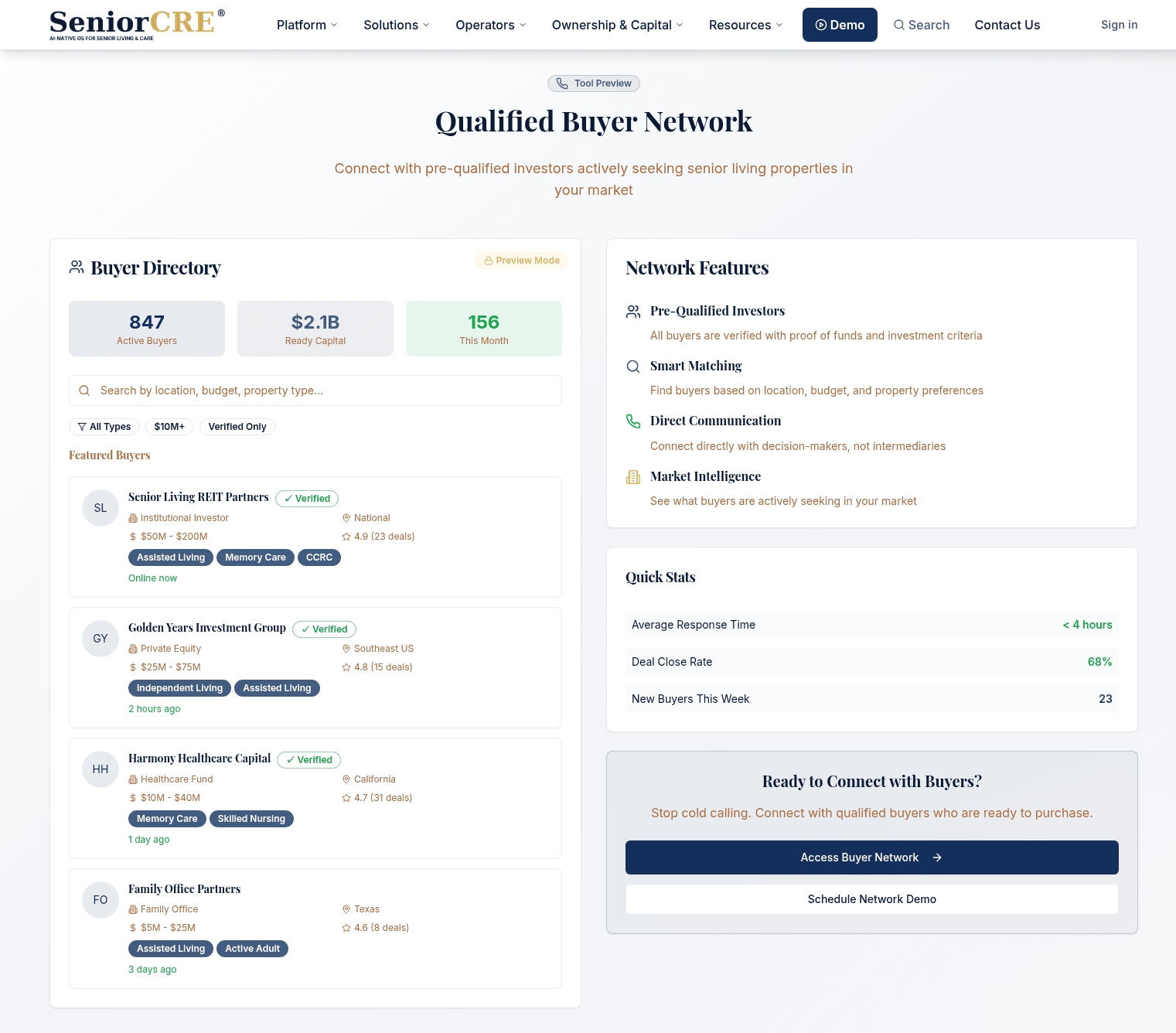 SeniorCRE Broker Qualified Buyer Network directory with verified institutional, PE, and family-office buyers
