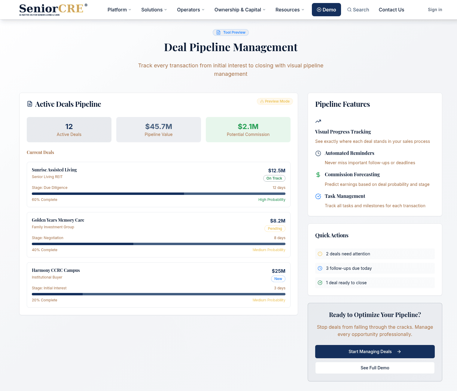 SeniorCRE Broker Deal Pipeline Management with active deals, commission forecast, and stage tracking