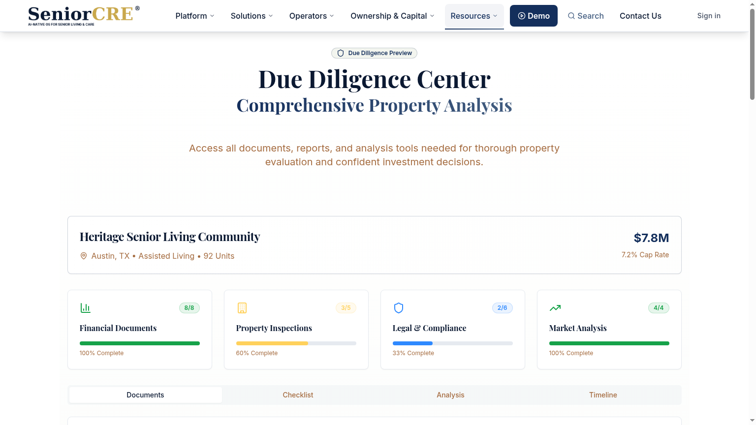 SeniorCRE Due Diligence Center with financial documents, inspections, legal compliance, and market analysis progress