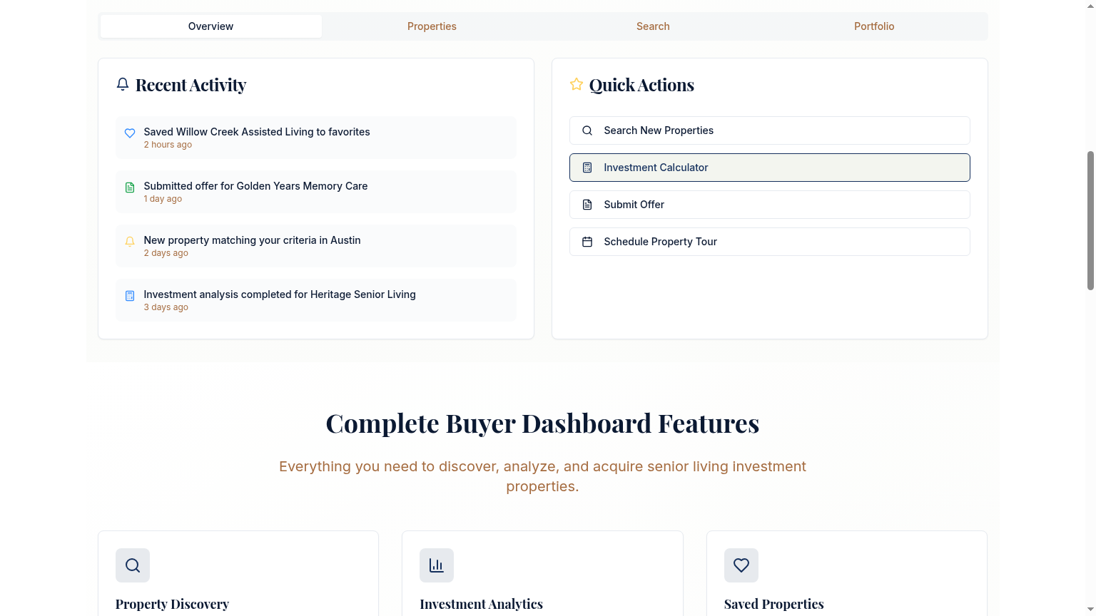 SeniorCRE Buyer Investment Command Center dashboard with portfolio value, cap rate, and quick actions