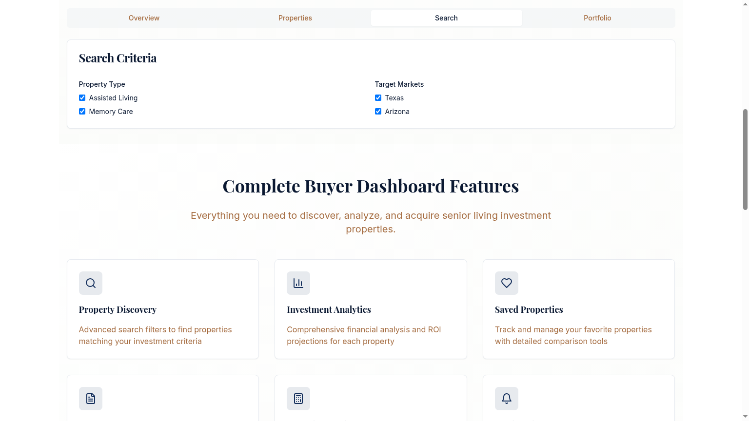 SeniorCRE Buyer Search Criteria filters for property type and target markets