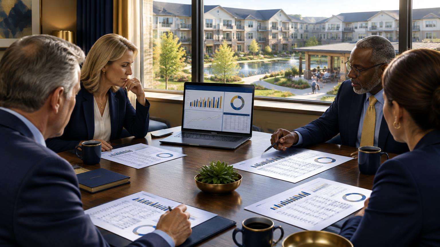 Illustrative executive team reviewing operating reports overlooking a senior living community—not a Discovery property