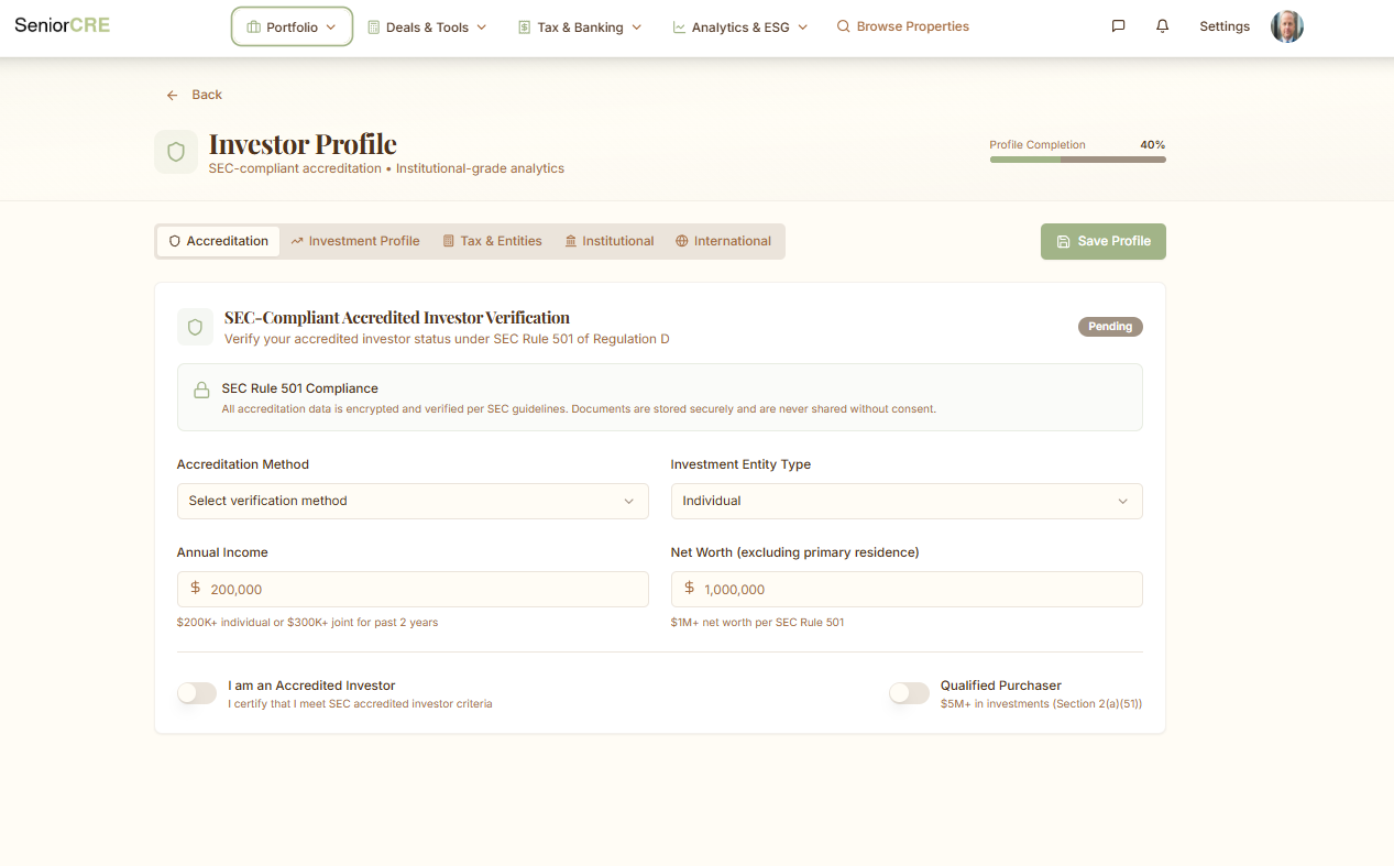 SeniorCRE Investor Profile & Accreditation dashboard