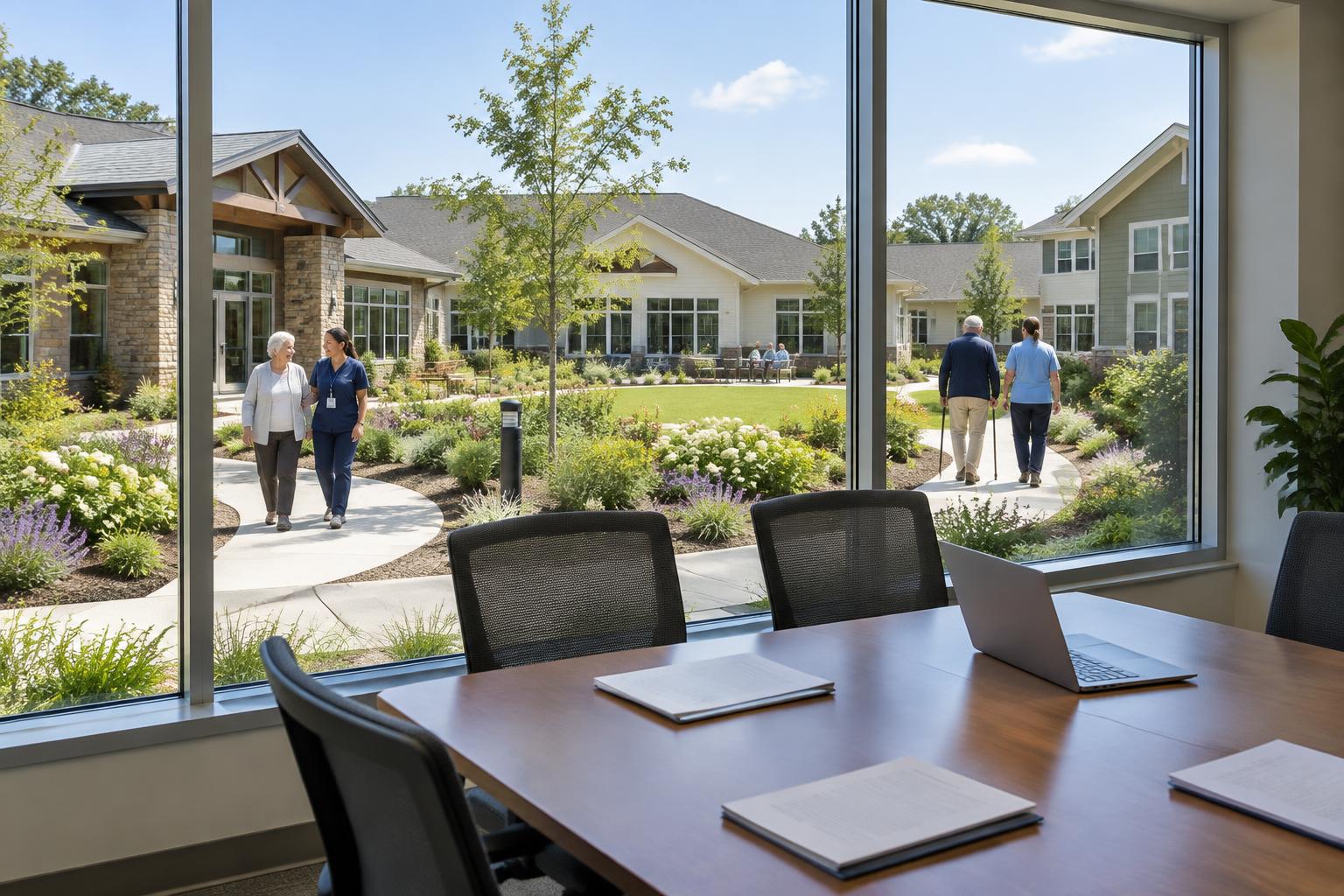 Illustrated view of a senior housing campus from an institutional meeting room