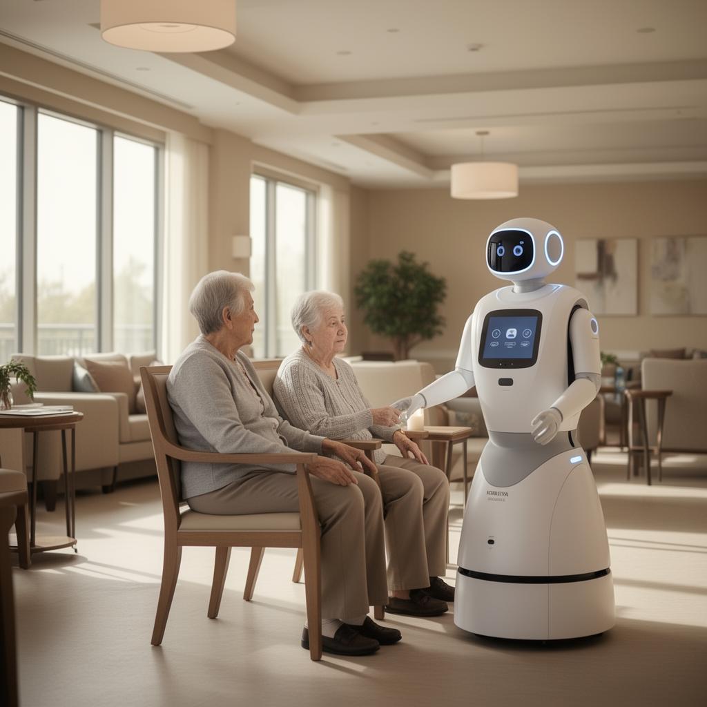 Humanoid service robot assisting elderly residents in a sunlit senior housing & care community lounge