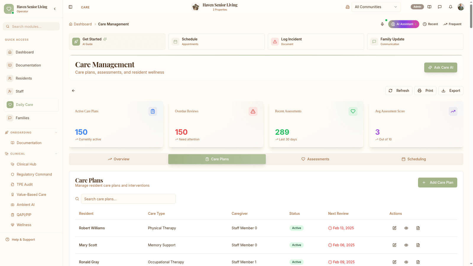 Care plan and ADL assessment with context pull-forward