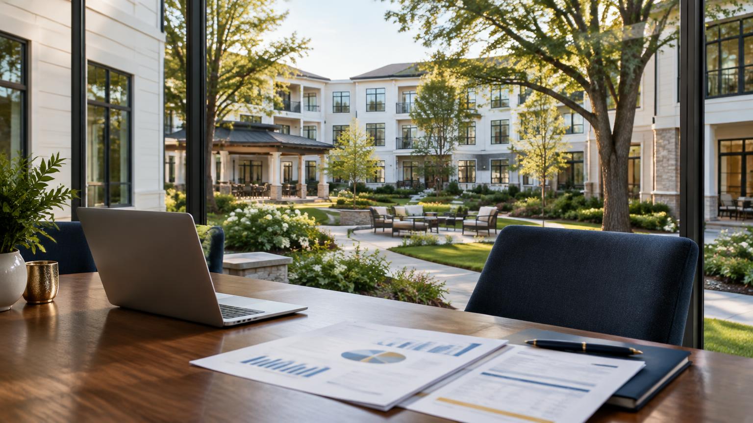 Illustrative senior housing courtyard viewed from a meeting table with operating reports—not a Ventas property