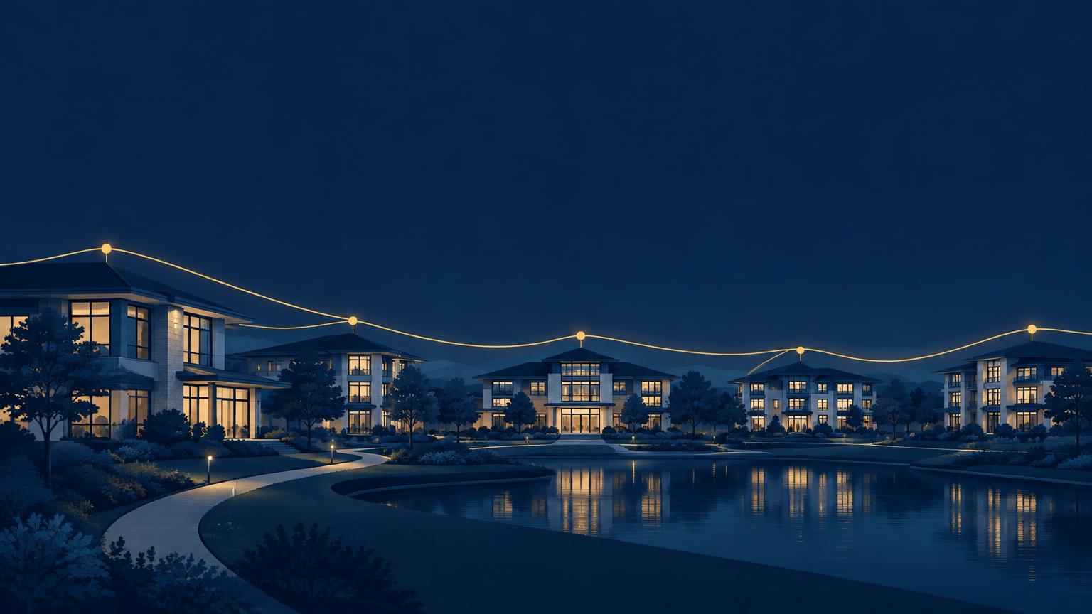 A senior housing campus at dusk, its buildings linked by a single gold line — one governed record across a portfolio
